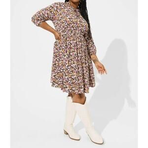 NWT Plus Long Sleeve Floral Challis Tie Neck Dress 1X Boho Western Cottagecore